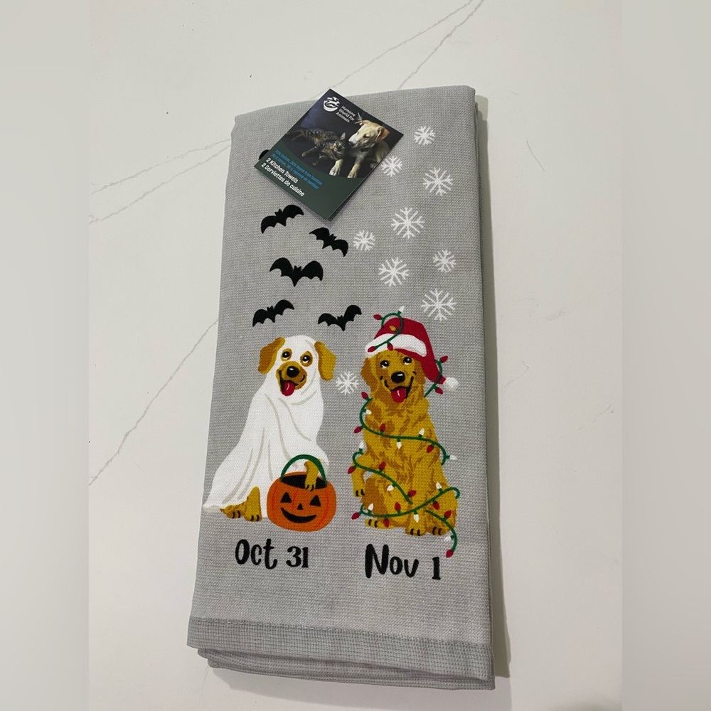 Gray Dog Halloween and Christmas Towel. Two towels